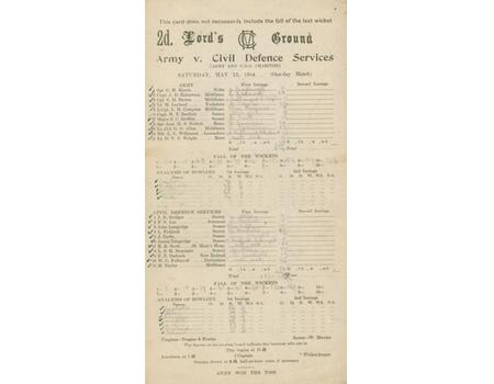 ARMY V CIVIL DEFENCE SERVICES 1944 CRICKET SCORECARD