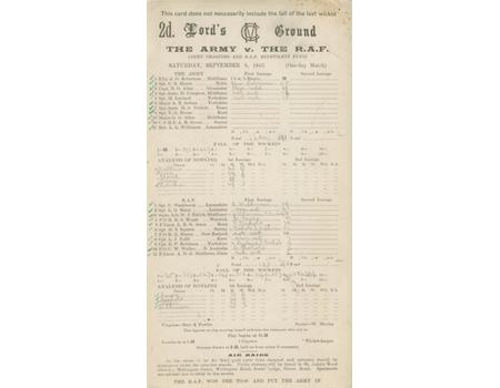 THE ARMY V THE R.A.F. 1942 CRICKET SCORECARD