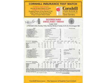 ENGLAND V INDIA 1990 (OVAL) CRICKET SCORECARD - SIGNED BY AZHARUDDHIN