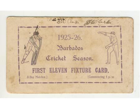 BARBADOS CRICKET SEASON 1925-26 (FIXTURE CARD)