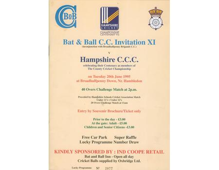 BAT AND BALL C.C. INVITATION XI V HAMPSHIRE C.C.C. 1995 (BROADHALFPENNY DOWN) CRICKET PROGRAMME