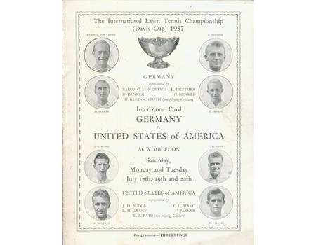 GERMANY V UNITED STATES OF AMERICA 1937 (DAVIS CUP INTER-ZONE FINAL) TENNIS PROGRAMME