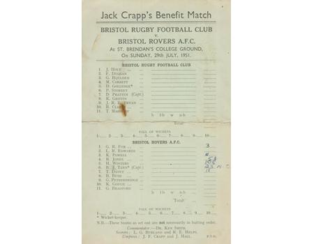 BRISTOL RUGBY FC V BRISTOL ROVERS 1951 CRICKET SCORECARD (JACK CRAPP