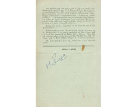 BRISTOL RUGBY FC V BRISTOL ROVERS 1951 CRICKET SCORECARD (JACK CRAPP