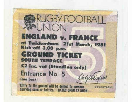 ENGLAND V FRANCE 1981 RUGBY TICKET (FRANCE GRAND SLAM)