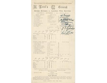 CROSS ARROWS V LONDON FIRE SERVICE 1941 CRICKET SCORECARD (FULLY SIGNED BY CROSS ARROWS)