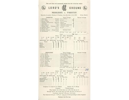 MIDDLESEX V PAKISTAN 1974 CRICKET SCORECARD