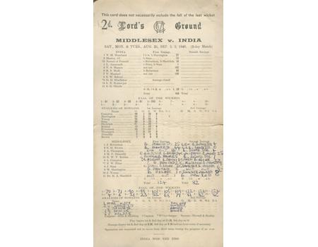 MIDDLESEX V INDIA 1946 CRICKET SCORECARD