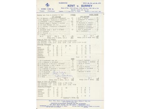 KENT V SURREY 1973 CRICKET SCORECARD - COWDREY