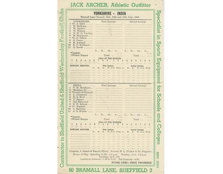 YORKSHIRE V INDIA 1946 CRICKET SCORECARD