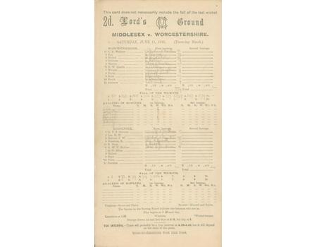 MIDDLESEX V WORCESTERSHIRE 1932 CRICKET SCORECARD