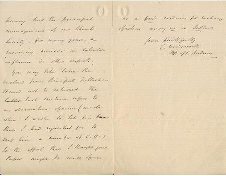 CHARLES WORDSWORTH SIGNED LETTER 1871 - INSTIGATOR OF BOAT RACE AND CRICKET VARSITY MATCH