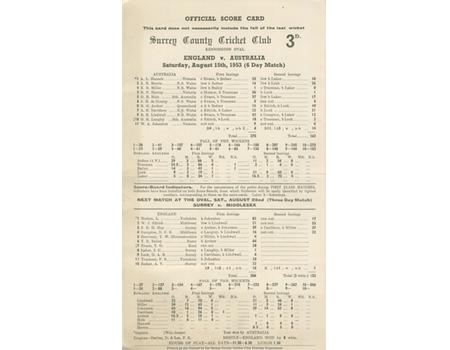 ENGLAND V AUSTRALIA 1953 (OVAL) CRICKET SCORECARD  - ENGLAND RECOVER ASHES