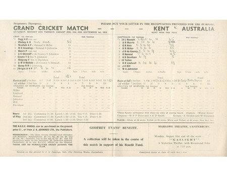 KENT V AUSTRALIA 1953 CRICKET SCORECARD