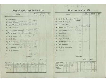PRINCES XI V AUSTRALIAN SERVICES XI (DELHI) 1945 CRICKET SCORECARD