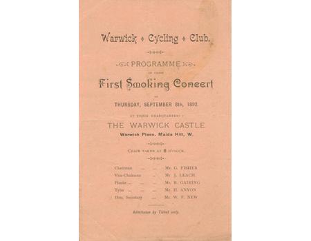 WARWICK CYCLING CLUB (MAIDA VALE) 1892 - PROGRAMME OF FIRST SMOKING CONCERT