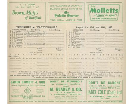 YORKSHIRE V WARWICKSHIRE 1953 CRICKET SCORECARD
