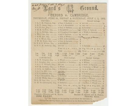 OXFORD UNIVERSITY V CAMBRIDGE UNIVERSITY 1892 CRICKET SCORECARD