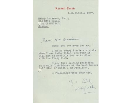 DUKE OF NORFOLK 1957 SIGNED CRICKET LETTER