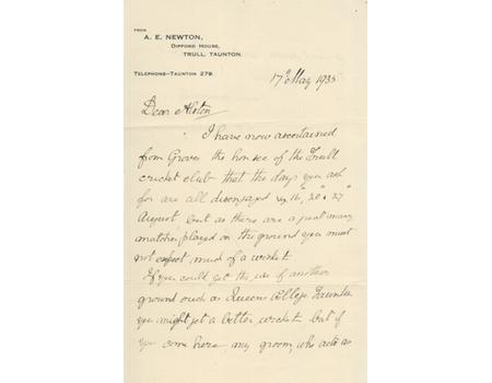 A.E. NEWTON (SOMERSET) 1935 CRICKET LETTER