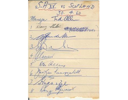 SCOTLAND TOUR TO SOUTH AFRICA 1960 RUGBY AUTOGRAPHS