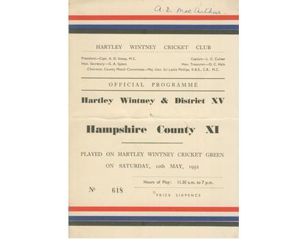 HARTLEY WINTNEY & DISTRICT V HAMPSHIRE COUNTY XI 1952 CRICKET SCORECARD