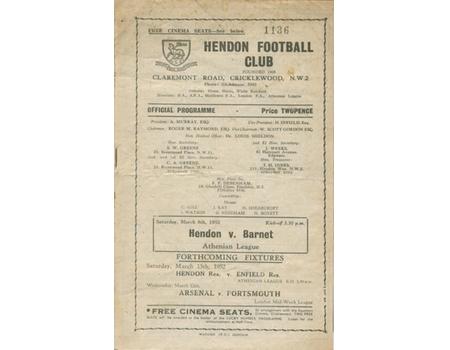 HENDON V BARNET 1951-52 FOOTBALL PROGRAMME