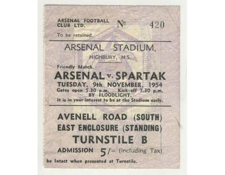 ARSENAL V SPARTAK MOSCOW 1954 FOOTBALL TICKET