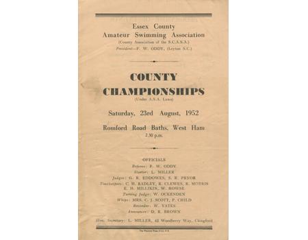 ESSEX COUNTY CHAMPIONSHIPS 1952 SWIMMING PROGRAMME