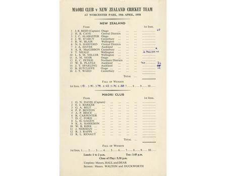 MAORI CLUB V NEW ZEALAND 1958 CRICKET SCORECARD