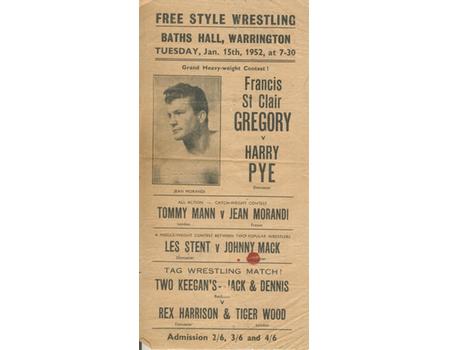 WRESTLING POSTER 1952 - BATHS HALL, WARRINGTON