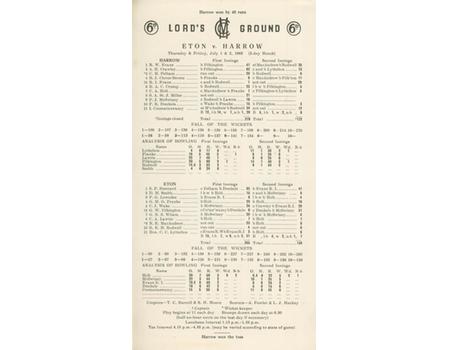 ETON V HARROW 1965 CRICKET SCORECARD