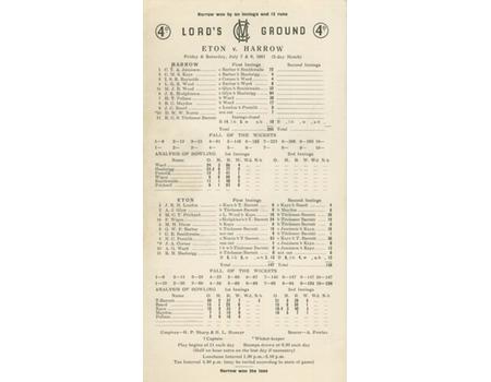 ETON V HARROW 1961 CRICKET SCORECARD