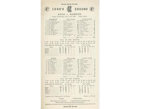 ETON V HARROW 1960 CRICKET SCORECARD