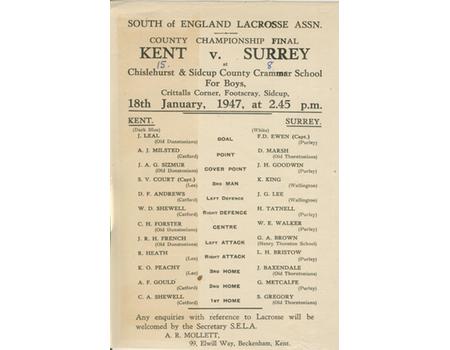 KENT V SURREY (COUNTY CHAMPIONSHIP FINAL) 1947 LACROSSE PROGRAMME