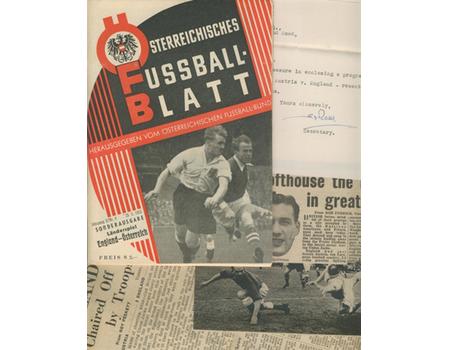 AUSTRIA V ENGLAND 1952 ("LION OF VIENNA") FOOTBALL PROGRAMME - WITH CUTTINGS AND LETTER FROM STANLEY ROUS