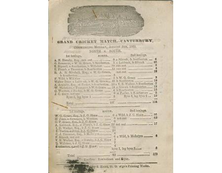 COUNTY OF KENT V THE MARYLEBONE CLUB 1869 CRICKET SCORECARD - GRACE SCORES CENTURY BEFORE LUNCH ON FIRST DAY