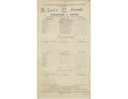 MIDDLESEX V NOTTINGHAMSHIRE 1925 CRICKET SCORECARD