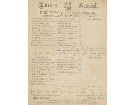 MIDDLESEX V GLOUCESTERSHIRE 1893 CRICKET SCORECARD - GRACE SCORED 96