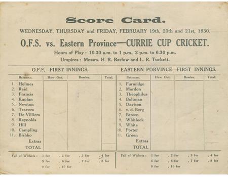 ORANGE FREE STATE V EASTERN PROVINCE 1930 CRICKET SCORECARD