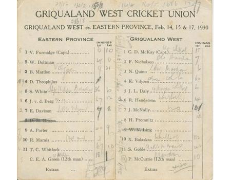 GRIQUALAND WEST V EASTERN PROVINCE 1930 CRICKET SCORECARD - BALASKAS 11 WICKETS AND A CENTURY