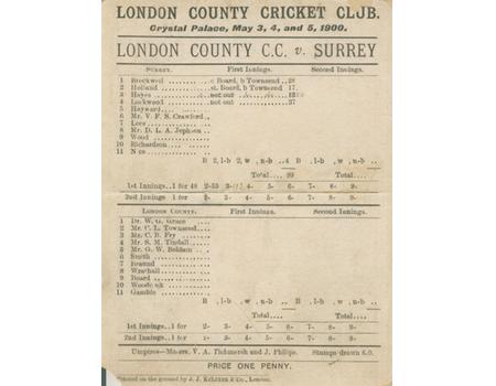 LONDON COUNTY V SURREY 1900 CRICKET SCORECARD
