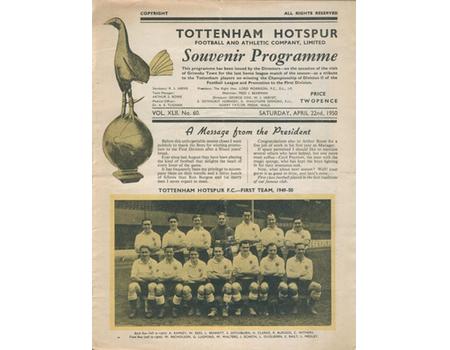 TOTTENHAM HOTSPUR V GRIMSBY TOWN 1949-50 FOOTBALL PROGRAMME