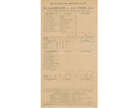 BLACKHEATH V INDIA 1932 CRICKET SCORECARD - NISSAR 6-11