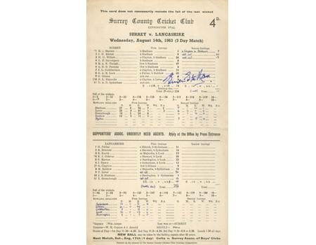 SURREY V LANCASHIRE 1963 CRICKET SCORECARD - SIGNED BY STATHAM