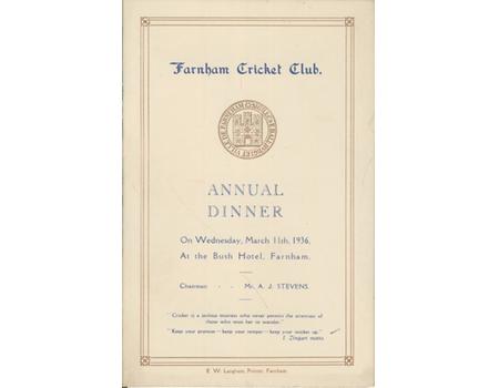 FARNHAM CRICKET CLUB (SURREY) 1936 ANNUAL DINNER SIGNED MENU