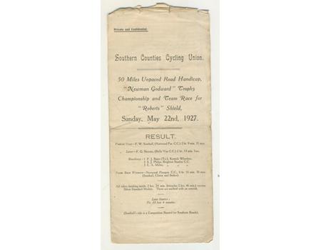 SOUTHERN COUNTIES CYCLING UNION TIME TRIAL 1927 - WON BY FRANK SOUTHALL