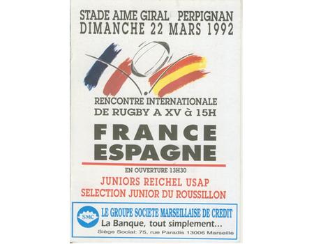 FRANCE XV V SPAIN 1992 RUGBY PROGRAMME