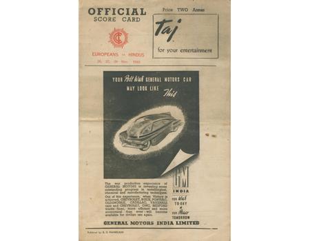 EUROPEANS V HINDUS 1943 (BOMBAY PENTANGULAR) CRICKET SCORECARD