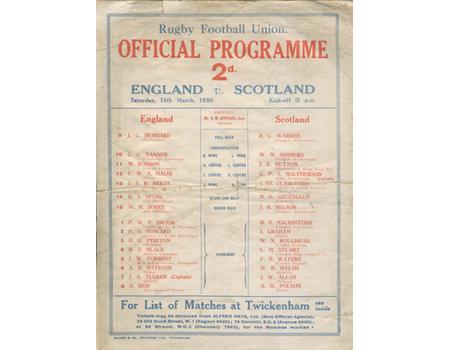 ENGLAND V SCOTLAND 1930 RUGBY UNION PROGRAMME